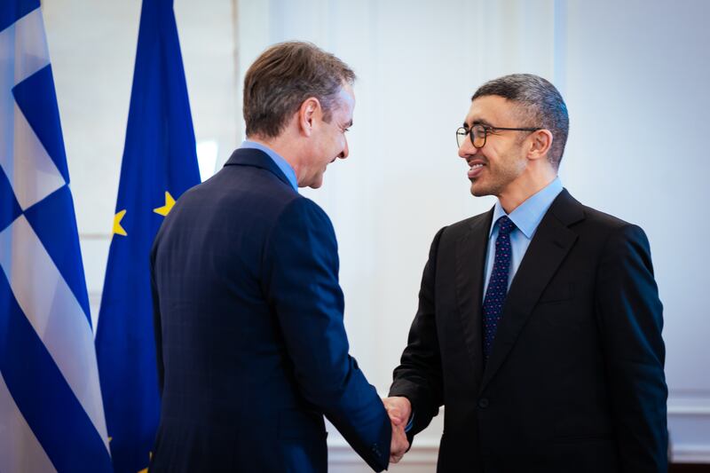 Sheikh Abdullah bin Zayed, Minister of Foreign Affairs and International Co-operation, meets Greek Prime Minister Kyriakos Mitsotakis in Athens. Photo: Wam