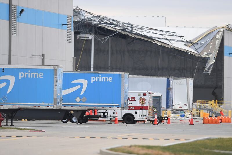 An Amazon warehouse in Edwardsville, Illinois, which was struck by a tornado. The deadly collapse fuelled concerns among the company's workforce about the return of the phone ban in work areas. Photo: AFP