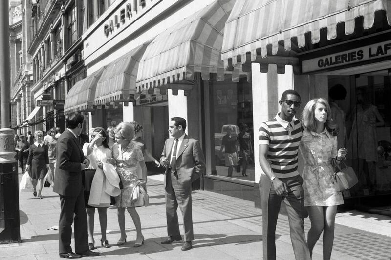 Scene from outside Galeries Lafayette and Hamley’s, London, England, 1960sThe International Photos series © Noor Ali Rashid Archives