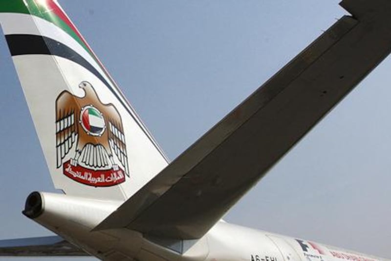 DUBAI - NOVEMBER 17,2009 - Etihad airlines plane is displayed for viewing at Dubai Expo during the Dubai Airshow 2009. ( Paulo Vecina/The National )