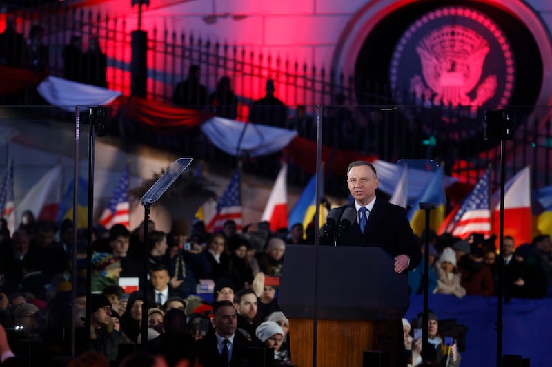 Polish President Andrzej Duda delivers a speech. AP