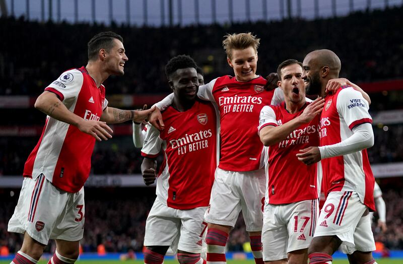 Arsenal's Alexandre Lacazette celebrates scoring his side's second goal with a penalty in the 2-0 win against Leicester. PA