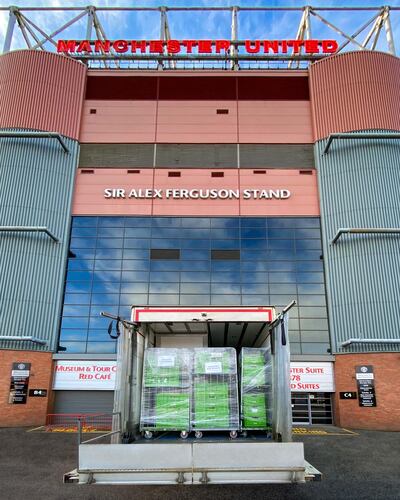 Meals prepared at Manchester United's kitchens at Old Trafford ready to be loaded on to delivery trucks. Courtesy Manchester United