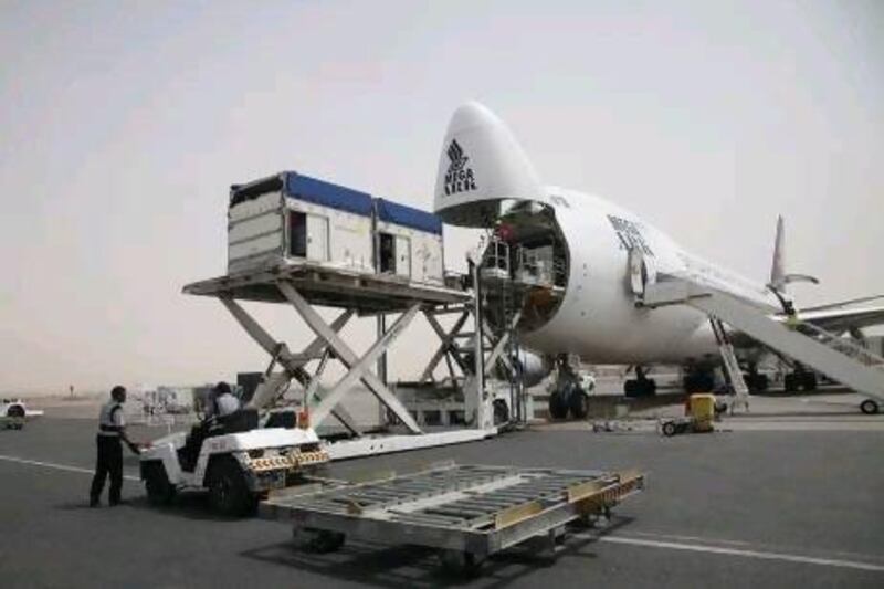 Horses are unloaded at the Sharjah airport.