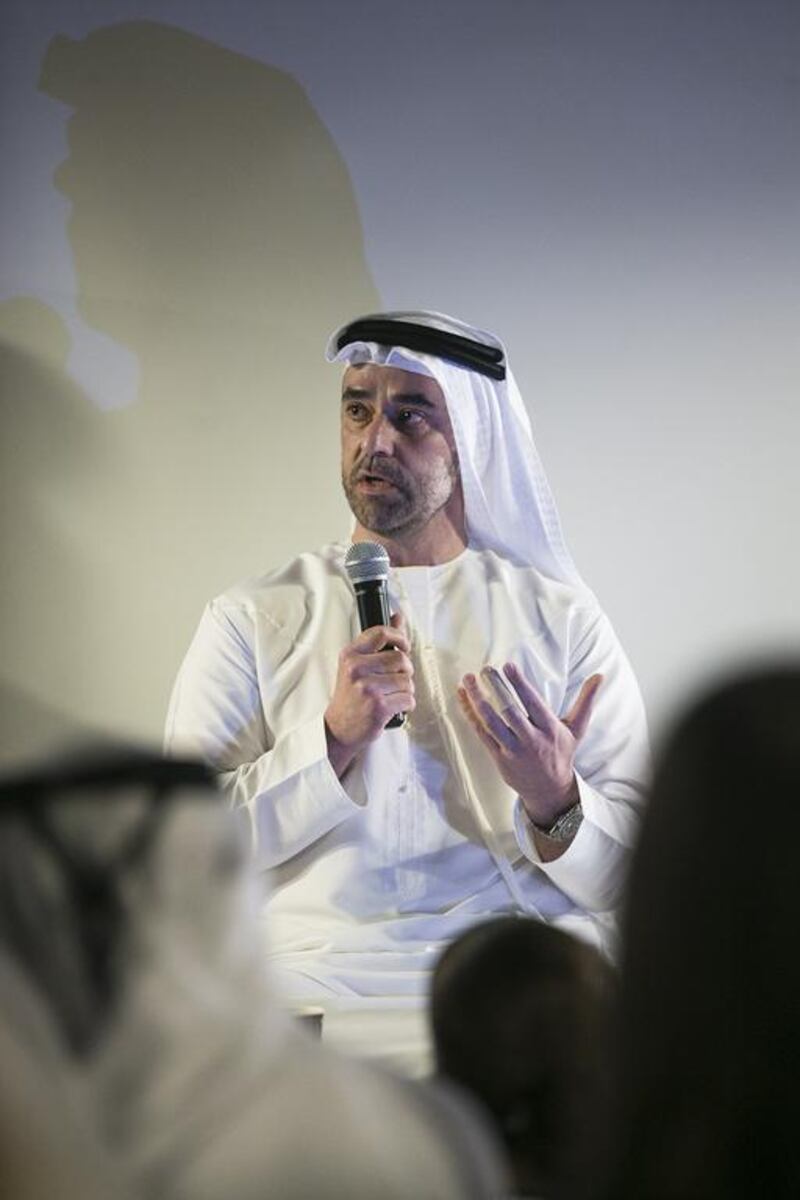 Omar Ghobash speaks in Abu Dhabi on Saturday night about his book. Mona Al Marzooqi / The National 