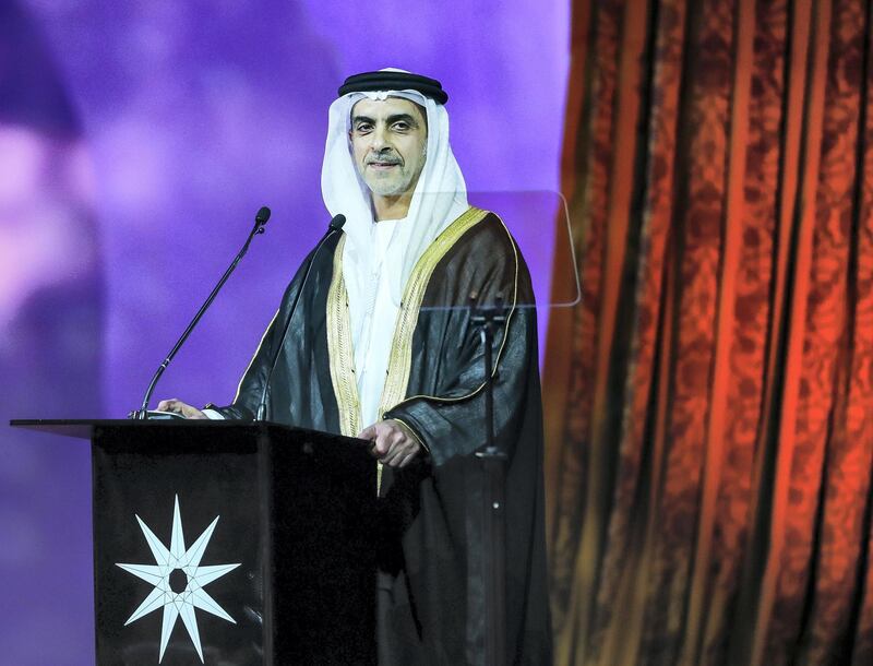 Abu Dhabi, U.A.E., November 20, 2018.  
Sheikha Fatima bint Mubarak Awards for Motherhood and Childhood.--  H.H. Sheikh Saif bin Zayed Al Nahyan, United Arab Emirates's Minister of Interior and Deputy Prime Minister during the awards.
Victor Besa / The National
Section:  NA
Reporter:  Shireena Al Nowais