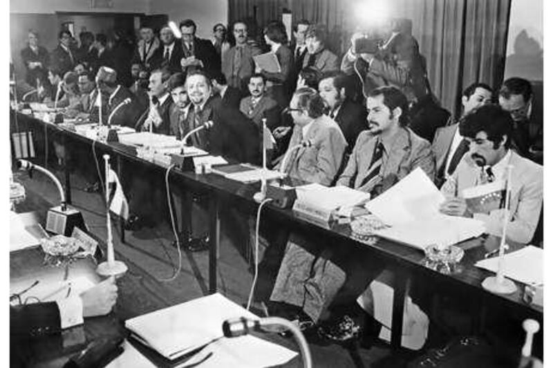 The Saudi delegation led by the kingdom's oil minister, Sheikh Ahmed Zaki Yamani, seated fourth from right, at the OPEC conference in Vienna on March 16, 1974.