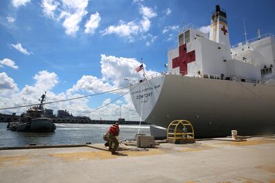 Sailors cast off mooring lines to the Command hospital ship USNS Comfort as the ship evacuates Naval Station Norfolk in preparation for Hurricane Florence in Norfolk, Virginia, U.S., September 11, 2018.  Jennifer Hunt/US Navy/Handout via REUTERS  ATTENTION EDITORS - THIS IMAGE WAS PROVIDED BY A THIRD PARTY.