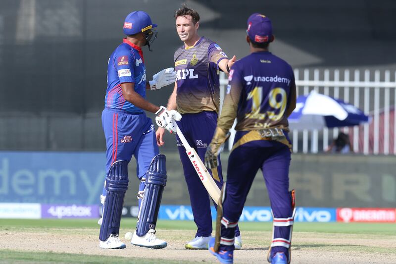 Ravichandran Ashwin of Delhi Capitals  go into an altercation with Tim Southee in Sharjah. Sportzpics for IPL