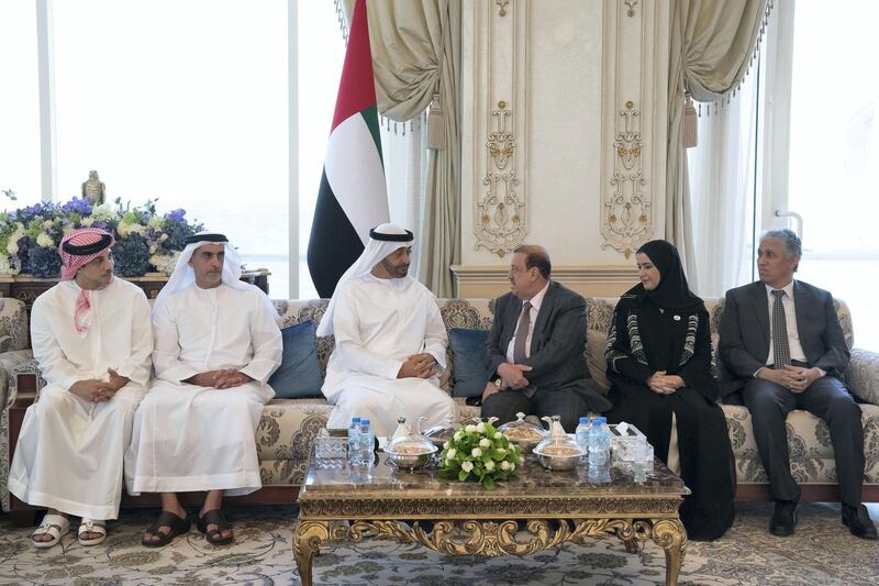 ABU DHABI, UNITED ARAB EMIRATES - July 15, 2019: HH Sheikh Mohamed bin Zayed Al Nahyan, Crown Prince of Abu Dhabi and Deputy Supreme Commander of the UAE Armed Forces (3rd L), receives Sultan Al Burkani, Speaker of the Yemeni Parliament (4th L), during a Sea Palace barza. Seen with HH Sheikh Mansour bin Zayed Al Nahyan, UAE Deputy Prime Minister and Minister of Presidential Affairs (L), HH Lt General Sheikh Saif bin Zayed Al Nahyan, UAE Deputy Prime Minister and Minister of Interior (2nd L), HE Dr Amal Abdullah Al Qubaisi Speaker of the Federal National Council (FNC), (5th L) and HE Fahad Saeed Al Menhali, Ambassador of Yemen to the UAE (R). 

( Hamad Al Kaabi / Ministry of Presidential Affairs )​
---