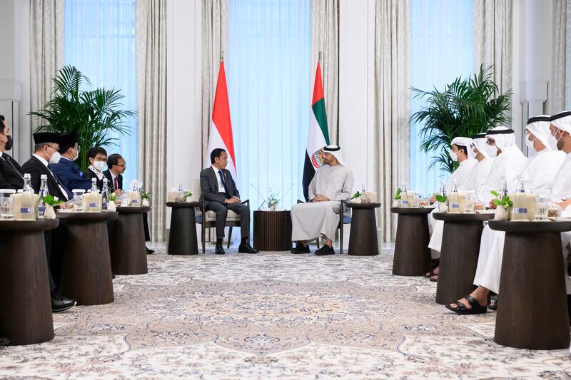 Sheikh Mohamed and Mr Widodo at the head of their teams at signing ceremony. With the signing of the agreement, bilateral non-oil trade is expected to jump from about $3 billion to $10bn in the coming years.