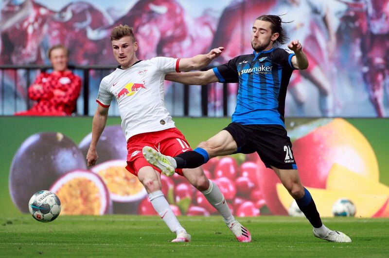 SC Paderborn's Anthony Evans, right, in action against RB Leipzig's Timo Werner. AP