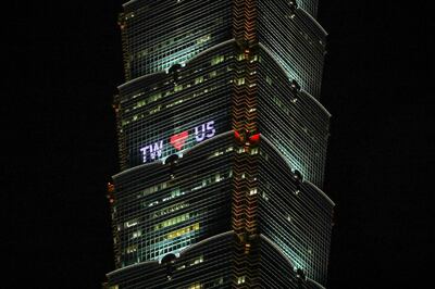 The Taipei 101 building lit up with a message reading 'TW hearts US' as a welcome sign for Ms Pelosi's Taiwan. Bloomberg