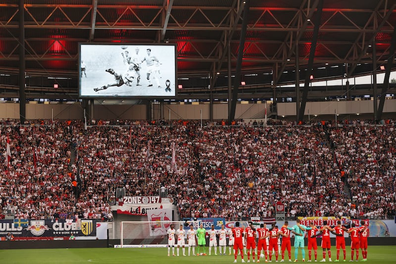 A general view as RB Leipzig and Bayern Munich line up prior to kick off of the Supercup 2022. Getty Images