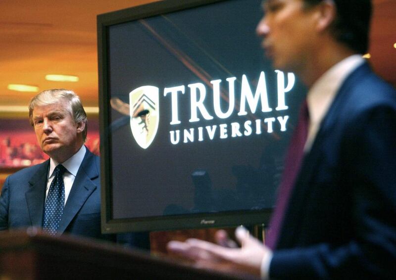 Donald Trump in New York in 2005 where he announced the establishment of Trump University. Trump is scheduled to go on trial this month in a class-action lawsuit against him and his now-defunct Trump University, potentially taking the witness stand weeks before his inauguration as president of the United States. (AP Photo/Bebeto Matthews, File)