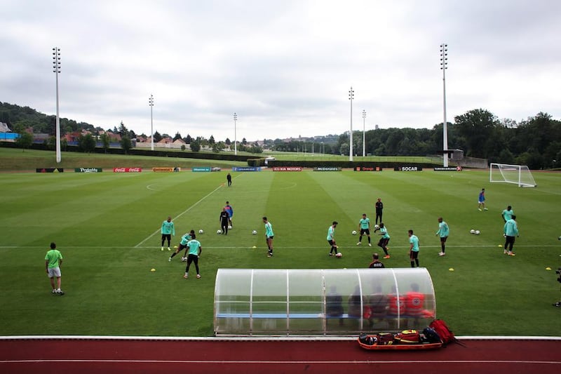 Portugal's players exercise during a training session in Marcoussis, near Paris, France, Monday, July 4, 2016. Portugal will face Wales in a Euro 2016 semi final soccer match in Lyon on Wednesday, July 6, 2016. (AP Photo/Thibault Camus)