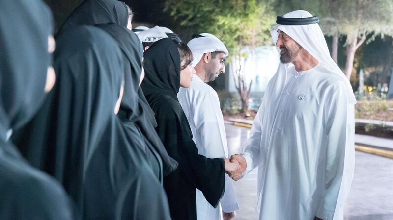 ABU DHABI, UNITED ARAB EMIRATES - January 07, 2019: HH Sheikh Mohamed bin Zayed Al Nahyan, Crown Prince of Abu Dhabi and Deputy Supreme Commander of the UAE Armed Forces (R), greets a participant during the launch of the National Experts Program, at The Founders Memorial.

( Hamed Al Mansoori / Ministry of Presidential Affairs )?
---