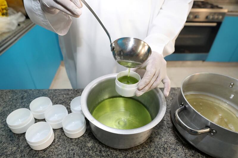 Dubai, United Arab Emirates - June 30, 2019: Jamal Bakhit Al Falasi who is an Emirati man who makes creams and soaps from camel fat and camel milk. Sunday the 30th of June 2019. Al Mizhar, Dubai. Chris Whiteoak / The National