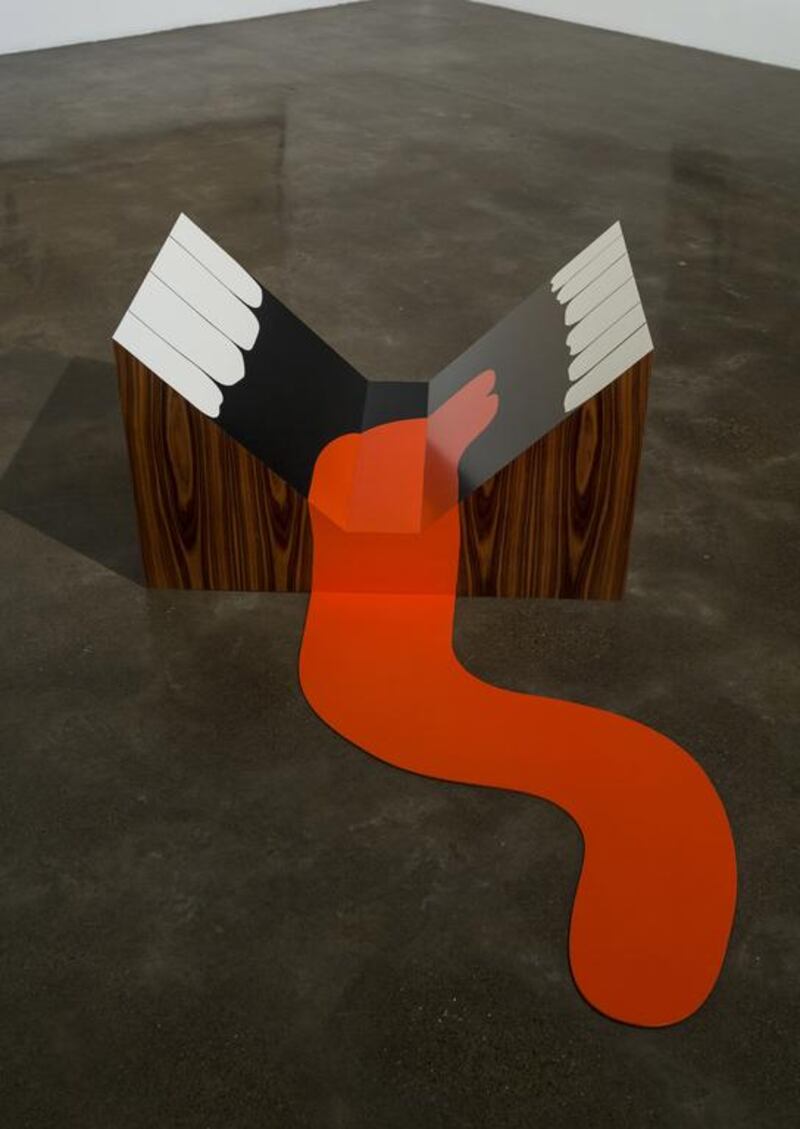 A handout image of Slavs and Tatars, Rahle For Richard, 2014, Veneer on MDF, 110x56x180cm_installation view (Courtesy of the artist and The Third Line)