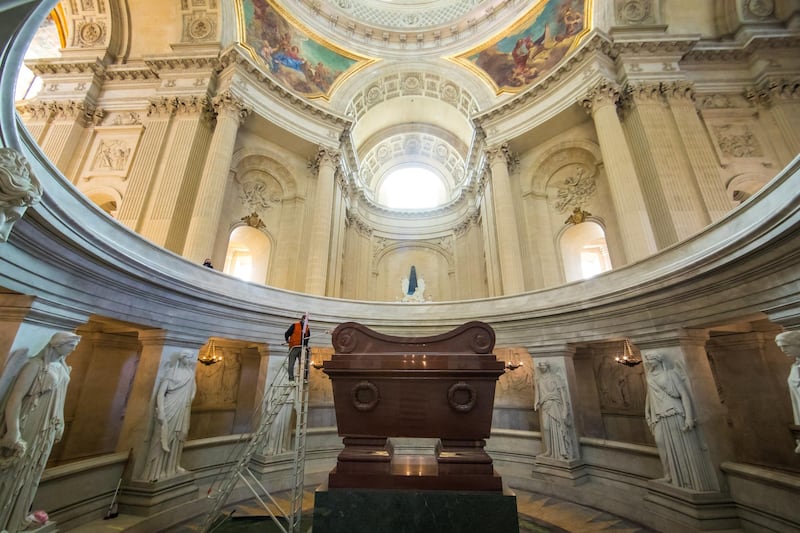 A worker cleans the tomb of Napoleon I during restoration works under the Dome des Invalides, at the Saint Louis des Invalides Cathedral in Paris. France is preparing to mark the 200th anniversary of the death of Napoleon Bonaparte, who died on May 5, 1821. EPA