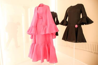 epa08702236 Creations designed by Spanish fashion designer Cristobal Balenciaga (C) are displayed during the 'Alaia et Balenciaga - Sculpteurs de la formeâ€™ exhibition at Azzedine Alaia Foundation in Paris, France, 27 September 2020. The 2020 Paris Fashion Week runs from 28 September to 06 October 2020. EPA/MOHAMMED BADRA