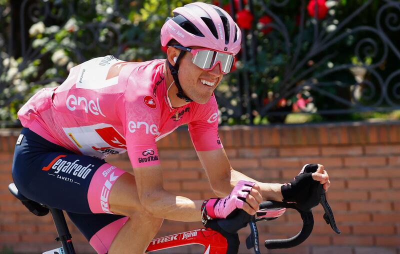 Team Trek rider Juan Pedro Lopez wearing the overall leader's pink jersey. AFP