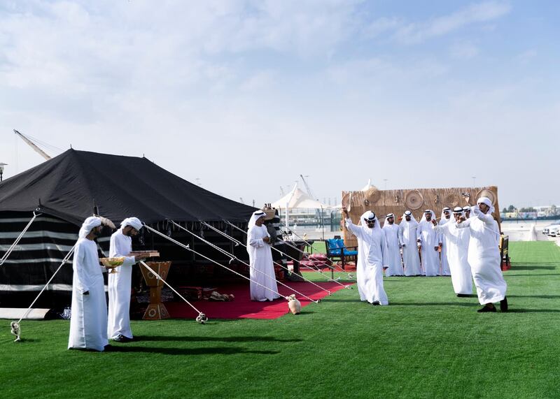 ABU DHABI, UNITED ARAB EMIRATES. 8 DECEMBER 2019. 
Ayyala performing for the arriving traveleres at Abu Dhabi Cruise Terminal.

(Photo: Reem Mohammed/The National)

Reporter:
Section: