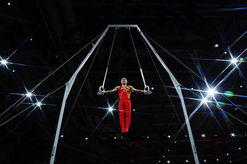 China's Xiao Ruoteng performs on the rings during the men's qualifying session at the FIG Artistic Gymnastics World Championships in Stuttgart, southern Germany, on Monday, October 7. AFP