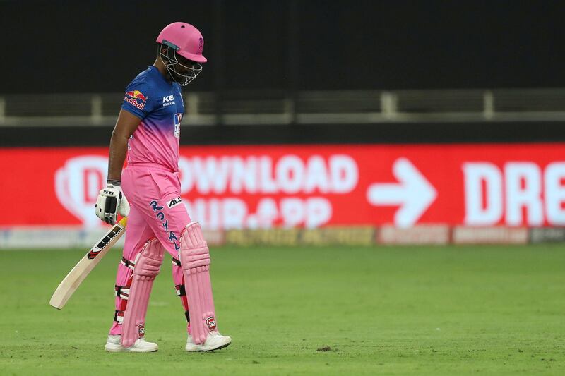 Sanju Samson of Rajasthan Royals departs during match 12 of season 13 of the Dream 11 Indian Premier League (IPL) between the Rajasthan Royals and the Kolkata Knight Riders held at the Dubai International Cricket Stadium, Dubai in the United Arab Emirates on the 30th September 2020.  Photo by: Ron Gaunt  / Sportzpics for BCCI