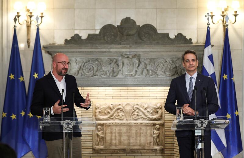European Council President Charles Michel and Greek Prime Minister Kyriakos Mitsotakis attend a news conference, in Athens, Greece September 15, 2020. REUTERS/Costas Baltas