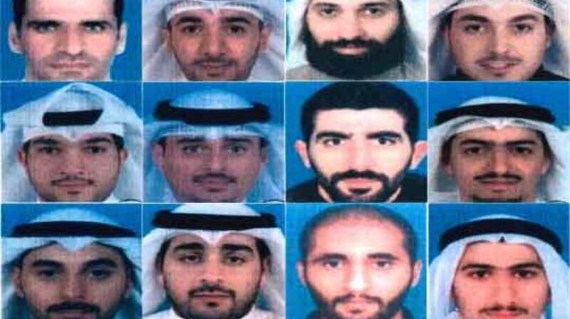 Photos of the 16 Kuwaiti residents convicted of spying for Iran and Hezbollah as part of the Abdali Terror Cell. Courtesy Kuwait Ministry of Interior