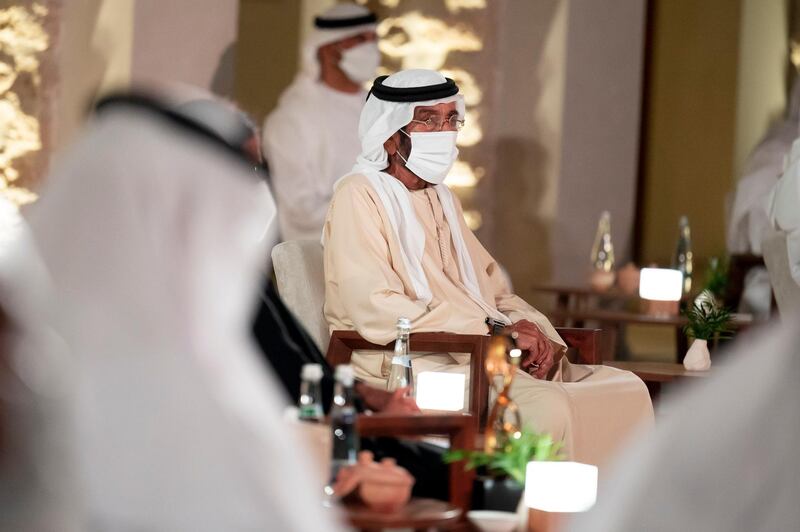 ABU DHABI, UNITED ARAB EMIRATES - April 07, 2021: HH Sheikh Tahnoon bin Mohamed Al Nahyan, Ruler's Representative in Al Ain Region (C), attends the Abu Dhabi Awards ceremony, at Qasr Al Hosn.

( Mohamed Al Hammadi / Ministry of Presidential Affairs )
---