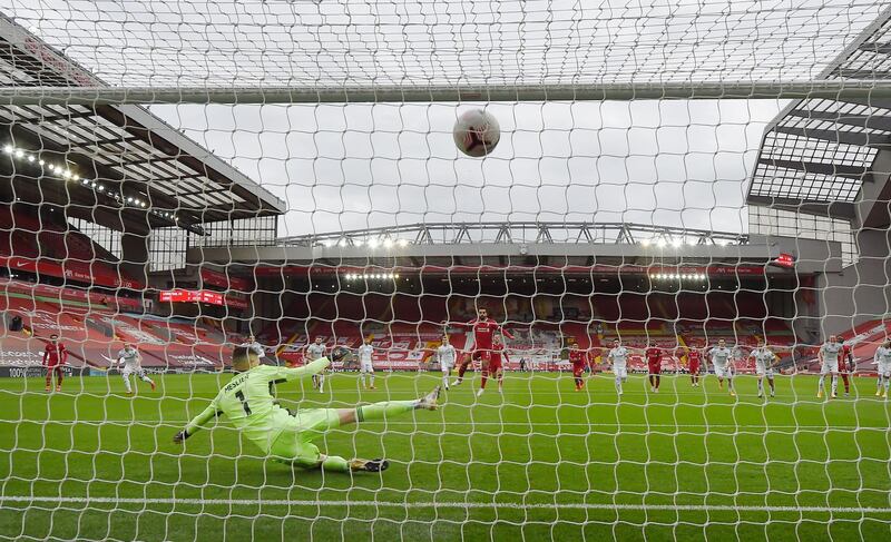 Liverpoo attacker Mohamed Salah fires the first goal of his hat-trick as the reigning Premier League champions defeat Leeds United 4-3 on the first day of the new season on Saturday, September 12. AFP