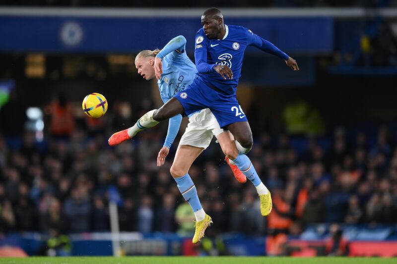 Erling Haaland of Manchester City battles with Kalidou Koulibaly. Getty