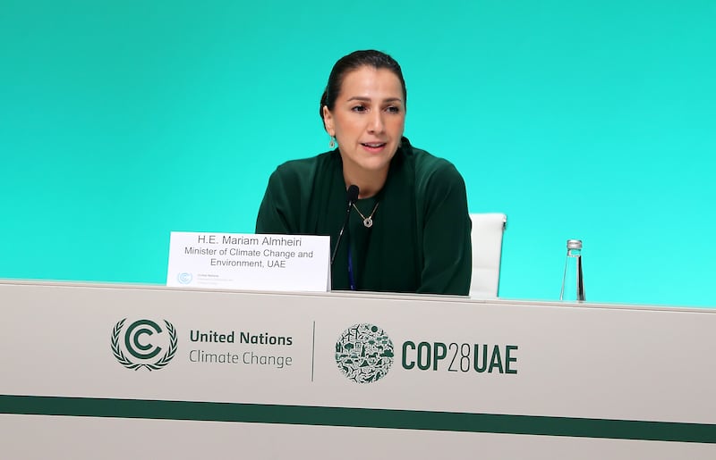 Mariam Almheiri, UAE Minister of Climate Change and Environment, addresses a press conference on agriculture on the 11th day of Cop28 in Dubai. Pawan Singh / The National