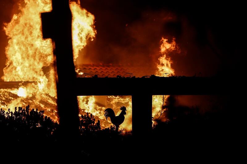 epaselect epa06906910 A rooster, decoration of a burned house is seen during a forest fire in Mati a northeast suburb of Athens, Greece, 23 July 2018. After the wildfire in Kineta a second wildfire broke out in the Penteli Mountain. Two major forest fires were raging out of control on either side of the Greek capital Monday, burning houses, prompting residents to flee and turning the sky over Athens a hazy orange from the smoke.  EPA/YANNIS KOLESIDIS