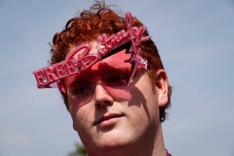 Alejandro Sanz wears sunglasses with 'Free Britney' written on top during a rally outside the Stanley Mosk Courthouse in Los Angeles. EPA