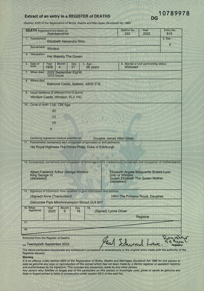 Queen Elizabeth II's death certificate. AP