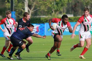 UAE have not played a Test match since May 2019 when they defeated Guam, in blue, and Thailand to win the Asia Rugby Championship Division Two. Courtesy Asia Rugby