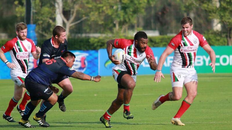 UAE have not played a Test match since May 2019 when they defeated Guam, in blue, and Thailand to win the Asia Rugby Championship Division Two. Courtesy Asia Rugby