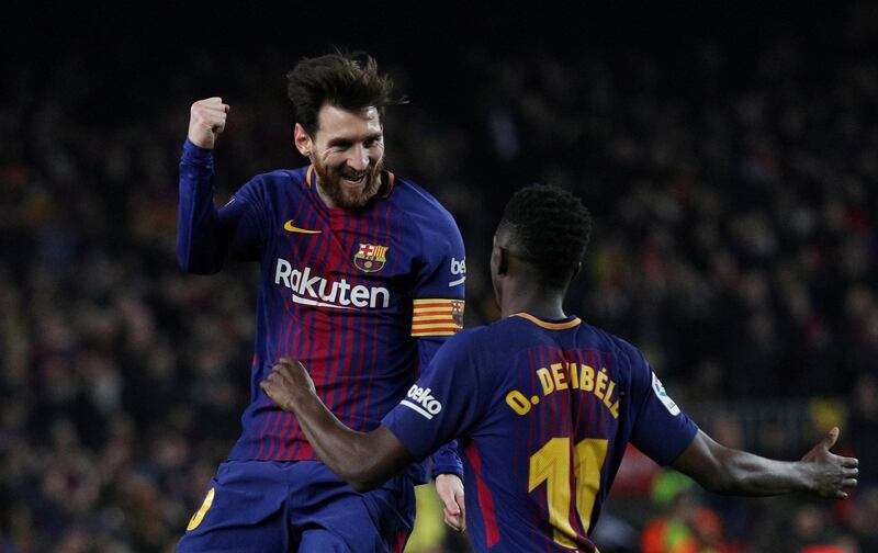 Soccer Football - La Liga Santander - FC Barcelona vs Girona - Camp Nou, Barcelona, Spain - February 24, 2018   Barcelona's Lionel Messi celebrates scoring their third goal with Ousmane Dembele    REUTERS/Sergio Perez     TPX IMAGES OF THE DAY