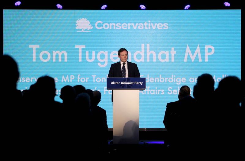 Tom Tugendhat speaking at the Ulster Unionist Party conference in Belfast in October last year. Getty