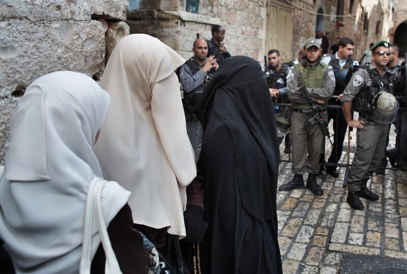 Israeli border policemen outside the Al-Aqsa mosque compound in the old city of Jerusalem. Menahem Kahana / AFP