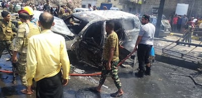 Car bomb site that targetted an official convoy in Yemen's Aden on Sunday . Photo: Ali Mahmood
