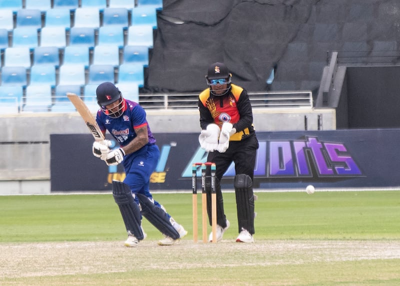 Kushal Bhurtel of Nepal on his way to a score of 56 off 69 balls in the Cricket World Cup League 2 qualifying match against Papua New Guinea at Dubai International Stadium on Monday, February 27, 2023. Nepal won the game by four wickets. All photos: Ruel Pableo for The National 