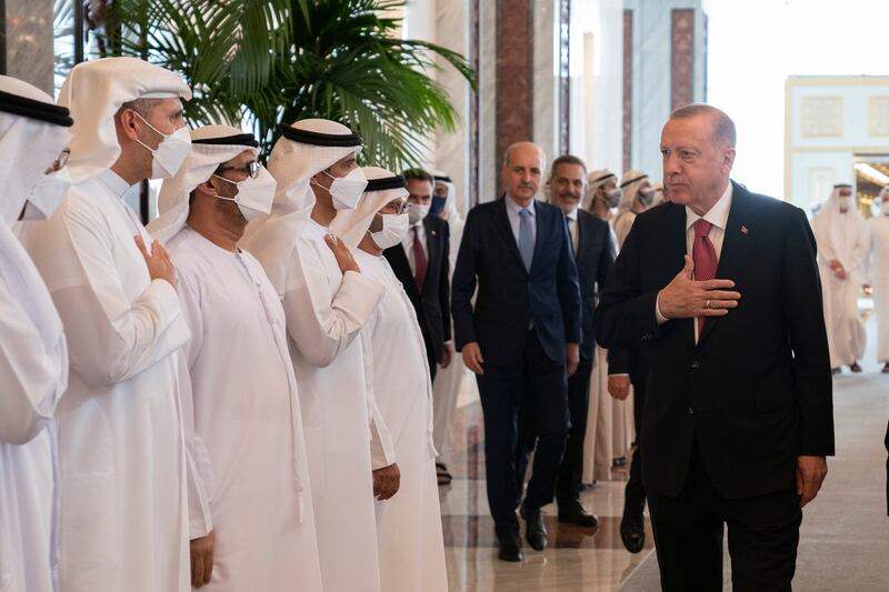 Mr Erdogan offers condolences on the death of Sheikh Khalifa. He is pictured with Khaldoon Al Mubarak, Abu Dhabi Executive Council member, chairman of the Executive Affairs Authority and managing director and group chief executive of Mubadala Investment Company; Hussain Al Hammadi, UAE Minister of Education; Ali Mohamed Hammad Al Shamsi, deputy secretary-general of the Supreme National Security Council; and Dr Anwar Gargash, Diplomatic Adviser to the President.