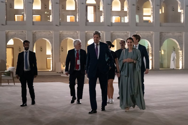 US Special Presidential Envoy for Climate John Kerry arriving at Qasr Al Hosn in Abu Dhabi with Mariam Al Mheiri, Minister of Climate Change and Environment. Wam
