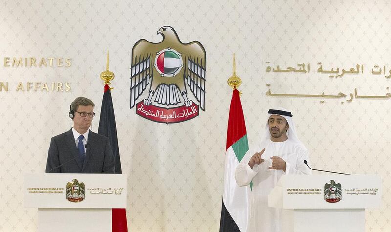 Sheikh Abdullah bin Zayed, Minister of Foreign Affairs, and Guido Westerwelle, the German foreign minister, discuss visa rules and relations between the countries in Abu Dhabi yesterday. Mona Al Marzooqi / The National