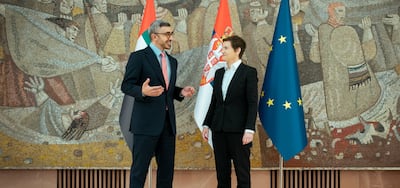 Sheikh Abdullah bin Zayed, Minister of Foreign Affairs and International Co-operation, held talks with Ana Brnabic, Prime Minister of Serbia, in Belgrade on Wednesday. Photo: Wam