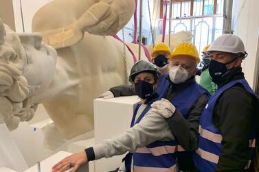 Chiara Rossolimo, fairs and exhibition director of OTIM, with the team that packed and transported a life-size replica of Michelangelo’s David from Florence to Dubai. Courtesy: OTIM